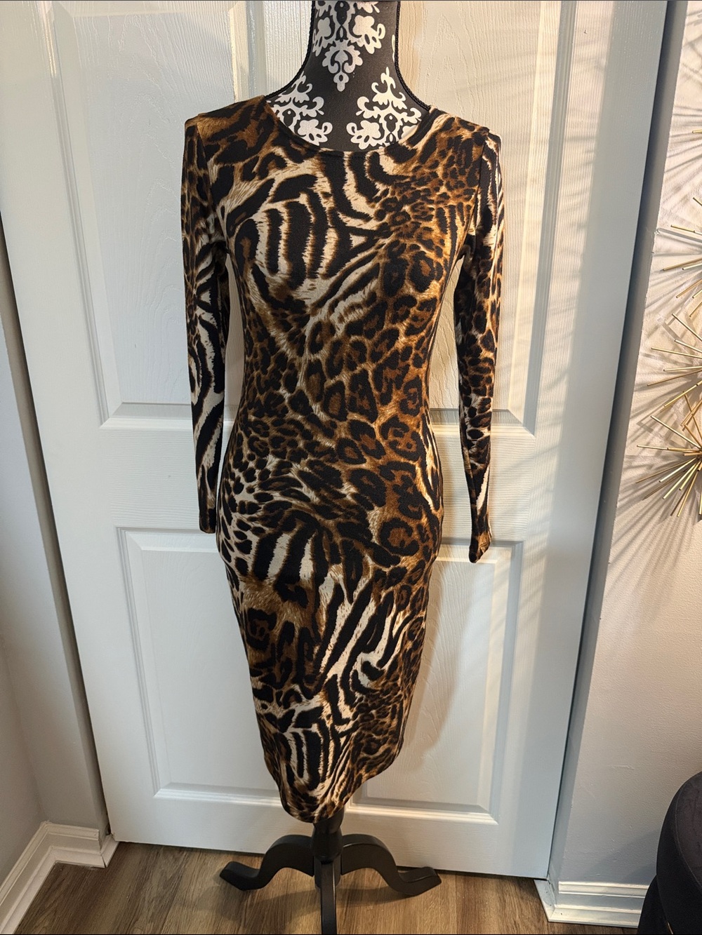 Long Sleeve Animal Print Bodycon Dress - Brown